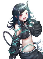 Rule 34 | 1girl, nanashi inc., akagane mic, asymmetrical gloves, belt, belt bra, black gloves, black hair, black jacket, black skirt, blue belt, blue hair, blue panties, blush, chest belt, clothing cutout, commentary request, cowboy shot, cropped jacket, cross-laced clothes, cross-laced sleeves, demon girl, demon horns, demon tail, flat chest, gloves, grey skirt, highleg, highleg panties, horns, jacket, layered skirt, long hair, long sleeves, looking at viewer, multicolored hair, open clothes, open jacket, open mouth, panties, partially fingerless gloves, pointy ears, red eyes, shishio chris, shoulder cutout, simple background, skirt, smile, solo, sugar lyric, tail, transparent background, twisted torso, two-tone hair, underwear, virtual youtuber, zipper, zipper skirt