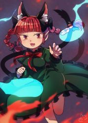 Rule 34 | 1girl, animal ears, black ribbon, blunt bangs, bow, bowtie, braid, breasts, brown eyes, cat ears, cat tail, claw pose, claws, commentary request, dress, extra ears, eyelashes, fang, fire, foot out of frame, green dress, hair ribbon, highres, ibaraki natou, kaenbyou rin, looking at viewer, multiple tails, nail polish, open mouth, petticoat, pointy ears, red bow, red hair, red nails, ribbon, slit pupils, solo, spirit, standing, standing on one leg, tail, teeth, touhou, twin braids, two tails