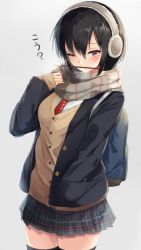 Rule 34 | 1girl, black hair, black thighhighs, blazer, blush, cardigan, earmuffs, food, grey background, igayan, jacket, miniskirt, mouth hold, one eye closed, open clothes, open jacket, original, plaid, plaid skirt, pocky, pocky day, purple eyes, revision, scarf, school uniform, short hair, sidelocks, simple background, skirt, sleeves past wrists, solo, striped clothes, striped scarf, thighhighs, tsurime, zettai ryouiki