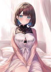 Rule 34 | 1girl, absurdres, aqua eyes, bed, bed sheet, between legs, blue hair, blush, bob cut, bra visible through clothes, breasts, brown hair, bursting breasts, cleavage, closed mouth, colored inner hair, curtains, hand between legs, highres, long hair, looking at viewer, mihasu, multicolored hair, nightgown, on bed, original, pillow, pink nightgown, short hair, sleepwear, solo, thighs, two-tone hair, white nightgown, window