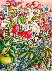 Rule 34 | cape, christmas, colored skin, cymbal (dragon ball), dragon ball, dragon quest, fangs, flying, gift, gift bag, green skin, hell, highres, horns, lee (dragon garou), oni, piccolo, pulling, red nose, slime (dragon quest), tambourine (dragon ball), throne, turban, wings
