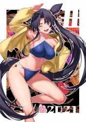 Rule 34 | 1girl, 2021, absurdres, bare shoulders, bikini, black hair, blue bikini, blue eyes, blush, breasts, collarbone, fate/grand order, fate (series), hair bun, highres, jacket, large breasts, long hair, long sleeves, looking at viewer, navel, one eye closed, open clothes, open jacket, open mouth, outside border, parted bangs, sandals, side bun, side ponytail, sidelocks, single hair bun, single side bun, smile, swimsuit, thighs, ulrich (tagaragakuin), ushiwakamaru (fate), ushiwakamaru (fate/grand order), ushiwakamaru (swimsuit assassin) (fate), ushiwakamaru (swimsuit assassin) (first ascension) (fate), very long hair, yellow jacket