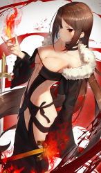 Rule 34 | 1girl, bare shoulders, black dress, black jacket, blood, blush, breasts, brown hair, center opening, choker, cleavage, closed mouth, collarbone, cropped jacket, dress, ear piercing, earrings, fate/grand order, fate (series), fire, fur-trimmed jacket, fur collar, fur trim, highres, jacket, jewelry, long hair, looking at viewer, medium breasts, multiple earrings, navel, piercing, revealing clothes, scottie (phantom2), solo, strapless, strapless dress, sword, very long hair, weapon, yu mei-ren (fate)
