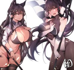 Rule 34 | 2girls, absurdres, animal ears, atago (azur lane), atago (stunning speedster) (azur lane), azur lane, bikini, black hair, black legwear, bow, breasts, brown eyes, checkered flag, chickenvomit, cleavage, cleavage cutout, clothing cutout, commentary request, cowboy shot, dog ears, elbow gloves, extra ears, fingerless gloves, flag, gloves, hair flaps, highleg, highleg bikini, highleg swimsuit, highres, large breasts, long hair, looking at viewer, mole, mole under eye, multicolored leotard, multiple girls, navel cutout, official alternate costume, pantyhose, ponytail, race queen, ribbon, shrug (clothing), simple background, sleeve cuffs, standing, swept bangs, swimsuit, takao (azur lane), takao (full throttle charmer) (azur lane), thighhighs, two-tone bikini, two-tone leotard, white background, white bow, white gloves, white ribbon, wrist cuffs