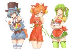 Rule 34 | 3girls, ahoge, bag, bare shoulders, bell, bell (rbb), blue (rbb), blue eyes, blue hair, blush, bow, bowl, bridal gauntlets, candy, candy cane, collarbone, cream, dress, food, green eyes, green hair, green legwear, hair bell, hair ornament, hat, hat bow, hat ribbon, holding, icing, looking at viewer, multiple girls, orange hair, original, puffy pants, rainy (rbb), rainybluebell, ribbon, rojiko, simple background, skirt, smile, star (symbol), striped clothes, striped legwear, striped thighhighs, sweatdrop, thighhighs, top hat, whisk, white background