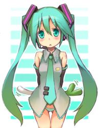 Rule 34 | 1girl, :&lt;, aqua eyes, aqua hair, arms behind back, bare shoulders, blush, detached sleeves, hair ornament, hatsune miku, headset, long hair, looking at viewer, necktie, no pants, outline, panties, rokushou, solo, spring onion, striped clothes, striped panties, twintails, underwear, very long hair, vocaloid