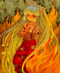 Rule 34 | 1girl, acrylic paint (medium), ama-tou, bow, female focus, fire, fujiwara no mokou, hair bow, hair ribbon, hand on own chest, highres, long hair, muted color, painting (medium), pants, red eyes, ribbon, silver hair, solo, suspenders, touhou, traditional media, very long hair