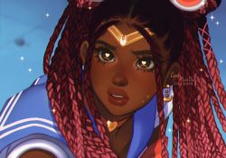 Rule 34 | 1girl, bishoujo senshi sailor moon, blue background, blue sailor collar, character request, commentary, dark-skinned female, dark skin, derivative work, earrings, english commentary, english text, eyelashes, highres, jewelry, long hair, lovelyrosebun, meme, parted lips, pink hair, portrait, sailor collar, sailor moon, sailor moon redraw challenge (meme), signature, simple background, solo, sparkle, sweat