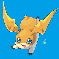 Rule 34 | :d, blue background, blue eyes, digimon, digimon (creature), digimon adventure, full body, head wings, no humans, open mouth, patamon, peron (niki2ki884), signature, simple background, smile, wings
