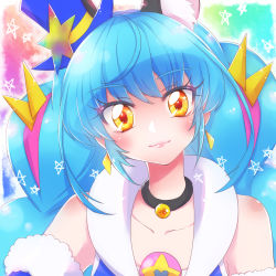 Rule 34 | 1girl, animal ear fluff, animal ears, black choker, blue hair, blue hat, blush, brooch, cat ears, choker, closed mouth, collarbone, cure cosmo, earrings, extra ears, hat, highres, jewelry, long hair, looking at viewer, magical girl, mini hat, multicolored hair, nijigami rin, orange eyes, pink hair, precure, rainbow background, smile, solo, star (symbol), star in eye, star twinkle precure, symbol in eye, top hat, triangle earrings, two-tone hair, upper body, yuni (precure)