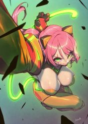 Rule 34 | 1girl, animal ears, bodysuit, breasts, cat ears, cat tail, commission, debris, fake animal ears, foreshortening, glowing, green eyes, highres, kionaoki, large breasts, linmei, linmei quan, making-of available, multicolored clothes, original, outstretched arm, pink hair, scar, scar across eye, scar on face, shiny clothes, signature, skeb commission, skin tight, solo, tagme, tail