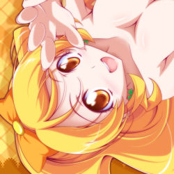 Rule 34 | 10s, 1girl, argyle, argyle background, argyle clothes, blonde hair, breasts, brown eyes, cure honey, earrings, happinesscharge precure!, jewelry, kikuchi tsutomu, large breasts, long hair, lowres, magical girl, oomori yuuko, orange background, precure, smile, solo, topless, upside-down, wide ponytail
