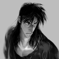 Rule 34 | 1boy, black hair, borninswampland, closed mouth, frown, greyscale, highres, itou kaiji, kaiji, long hair, looking at viewer, male focus, monochrome, scar, shirt, solo, upper body