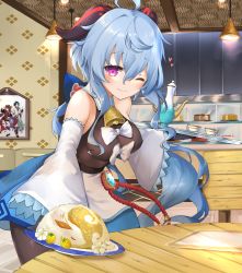 Rule 34 | absurdres, ahoge, alternate costume, apron, bare shoulders, bell, black legwear, blue hair, blush, bow, bowtie, breasts, cafe, chair, cup, curled horns, dessert, detached sleeves, food, ganyu (genshin impact), genshin impact, heart, highres, horns, hu tao (genshin impact), indoors, leglus, long hair, looking at viewer, low ponytail, medium breasts, neck bell, one eye closed, prosperous peace (genshin impact), purple eyes, sidelocks, smile, solo, table, tray, very long hair, vision (genshin impact), white sleeves, wide sleeves, xiao (genshin impact)
