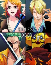 Rule 34 | 1girl, 3boys, bandages, black hair, blonde hair, breasts, cape, cigarette, cleavage, dual wielding, earrings, enies lobby, fire, formal, goggles, green hair, holding, jewelry, mask, mirage, multiple boys, nami (one piece), one piece, orange hair, roronoa zoro, sanji (one piece), smoking, suit, sword, usopp, weapon