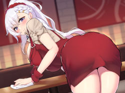 Rule 34 | 1girl, apron, ass, azur lane, beige shirt, belfast (azur lane), belfast (piping-hot perfection) (azur lane), bent over, blue eyes, blush, braid, breasts, french braid, large breasts, long hair, looking back, low neckline, ponytail, red apron, red scrunchie, scrunchie, smile, solo, ushimittsu, white hair