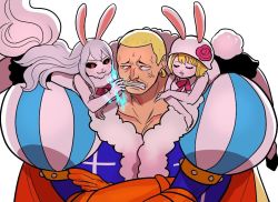 Rule 34 | 1boy, 2girls, animal, animal ears, artist request, rabbit, carrot (one piece), charlotte daifuku, multiple girls, multiple persona, one piece, smile, source request