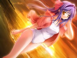 Rule 34 | 1girl, arm behind back, backlighting, beach, bow, brown eyes, dutch angle, floralia, from side, game cg, hair intakes, half updo, hood, hoodie, lens flare, long hair, masaharu, ocean, one-piece swimsuit, outdoors, outline, pink bow, purple hair, ribbon, shirase ui, solo, sparkle, standing, striped blush, sunset, swimsuit, swimsuit under clothes, thighs, water, white one-piece swimsuit