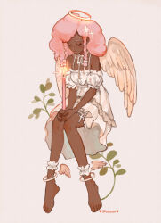 Rule 34 | 1girl, afro, angel wings, ankle cuffs, ankle wings, artist name, braid, breasts, candle, choker, closed eyes, commentary, cross hair ornament, dark-skinned female, dark skin, detached sleeves, dress, english commentary, frilled dress, frills, full body, hair ornament, halo, original, pink hair, puffy short sleeves, puffy sleeves, short dress, short sleeves, small breasts, solo, twin braids, very dark skin, vicki tsai, white choker, white dress, wings