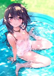 Rule 34 | 1girl, animal ears, barefoot, black hair, blush, breasts, cleavage, collar, dog ears, dress, heart-shaped lock, long hair, looking at viewer, original, red eyes, sitting, small breasts, smile, solo, wading pool, wariza, water, wet, white dress, yadapot