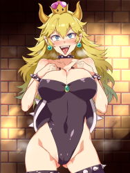 Rule 34 | 1girl, armlet, bare shoulders, black leotard, black nails, black thighhighs, blonde hair, blue eyes, blush, borrowed design, bowsette, bracelet, breast suppress, breasts, breath, brick wall, brooch, cameltoe, cleavage, cleft of venus, collar, collarbone, colored eyelashes, covered navel, cowboy shot, crown, earrings, female focus, gem, gluteal fold, gradient hair, green gemstone, green hair, groin, hair between eyes, hands on own chest, highleg, highleg leotard, highres, horns, jewelry, large breasts, legs, legs apart, leotard, long hair, looking at viewer, mario (series), messy hair, mizuryu kei, multicolored hair, nail polish, new super mario bros. u deluxe, nintendo, open mouth, pointy ears, sharp teeth, shell, shiny skin, sleeveless, smile, solo, spiked armlet, spiked bracelet, spiked collar, spiked shell, spiked thighlet, spikes, standing, strapless, strapless leotard, super crown, teeth, thighhighs, thighlet, thighs, tongue, tongue out, turtle shell, upper teeth only, v-shaped eyebrows, wall, wavy hair