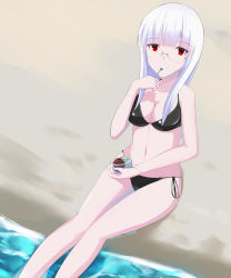Rule 34 | 1girl, absurdres, beach, bikini, black bikini, blunt bangs, blush, breasts, day, female focus, glasses, heidimarie w. schnaufer, highres, nature, on ground, outdoors, red eyes, sand, side-tie bikini bottom, sitting, small breasts, solo, strike witches, swimsuit, thighs, water, white hair, world witches series