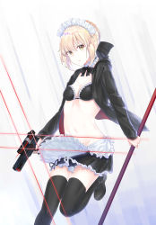 Rule 34 | 1girl, absurdres, alternate costume, apron, artoria pendragon (all), artoria pendragon (alter swimsuit rider) (second ascension) (fate), artoria pendragon (fate), belly, black bra, black footwear, black hoodie, black skirt, black thighhighs, blonde hair, bra, braid, braided bun, breasts, cleavage, cowboy shot, detached collar, enmaided, fate/grand order, fate (series), green eyes, gun, hair bun, highres, holding, holding gun, holding weapon, hood, hoodie, lace, lace-trimmed bra, lace trim, laser, laser pointer projection, laser sight, long sleeves, looking at viewer, maid, maid headdress, mary janes, navel, open clothes, saber alter, shisuo, shoes, sidelocks, skirt, solo, standing, swimsuit, thighhighs, underwear, weapon, white apron, zettai ryouiki