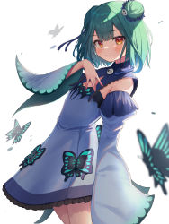 Rule 34 | 1girl, absurdres, aqua hair, bare shoulders, blue dress, blush, bug, butterfly, closed mouth, cowboy shot, detached sleeves, double bun, dress, flat chest, frilled dress, frills, hair bun, hair ornament, hand on own chest, highres, hololive, insect, long sleeves, looking at viewer, nano (nandemo note31), orange eyes, short hair, simple background, skull hair ornament, smile, solo, uruha rushia, uruha rushia (1st costume), virtual youtuber, white background, wide sleeves