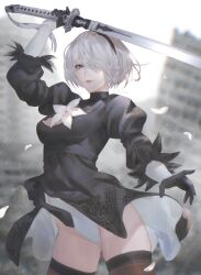 Rule 34 | 1girl, arm up, black dress, black gloves, black hairband, black thighhighs, blue eyes, breasts, cleavage cutout, closed mouth, clothing cutout, commentary request, cowboy shot, dress, falling petals, feather trim, floating clothes, flower, gloves, hair over one eye, hairband, highres, holding, holding sword, holding weapon, juliet sleeves, katana, leotard, lips, long sleeves, looking at viewer, medium breasts, mole, mole under mouth, nier:automata, nier (series), outdoors, petals, puffy sleeves, ruins, short hair, solo, sword, thighhighs, turtleneck, twitter username, weapon, white flower, white hair, white leotard, yct (yoct o), 2b (nier:automata)