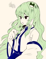 Rule 34 | 1girl, black eyes, black skirt, detached sleeves, frog hair ornament, from side, green hair, hair ornament, hair tubes, hanokami, highres, kochiya sanae, limited palette, long hair, nontraditional miko, open mouth, sarashi, shirt, simple background, skirt, solo, squiggle, touhou, v-shaped eyebrows, white background, white shirt, wide sleeves