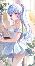 Rule 34 | 1girl, absurdres, ayaka (genshin impact), blue dress, blue eyes, blue hair, blush, choker, commentary request, dress, frills, genshin impact, hair ribbon, highres, indoors, light blue hair, long hair, looking at viewer, parted lips, pink ribbon, ponytail, ribbon, solo focus, thighhighs, white choker, white thighhighs, youwon0417