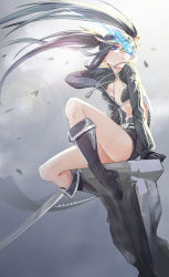 Rule 34 | 1girl, absurdres, arm support, arms at sides, belt, bikini, bikini top only, black bikini, black footwear, black gloves, black hair, black jacket, black rock shooter, black rock shooter: dawn fall, black rock shooter (character), black shorts, blue eyes, choker, flaming eye, floating hair, from side, gloves, highres, hood, hooded jacket, jacket, jewelry, knee up, kneehighs, long hair, long sleeves, looking at viewer, looking down, looking to the side, necklace, overcast, parted lips, pendant, shorts, sidelocks, sitting, sky, socks, solo, sunlight, swimsuit, theleopardcat, twintails, unzipped, weapon, wind