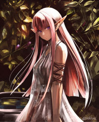 Rule 34 | 1girl, arm ribbon, blunt bangs, brown ribbon, closed mouth, dress, grey dress, highres, long hair, looking to the side, original, pink hair, pointy ears, purple eyes, ribbon, sleeveless, sleeveless dress, solo, standing, straight hair, sushi (sashimise), twitter username, very long hair