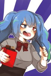 Rule 34 | 10s, 1girl, bad id, bad twitter id, black nails, blue eyes, blue hair, blush, bow, food, heterochromia, highres, holding, holding food, long hair, long sleeves, matching hair/eyes, nail polish, ogata (macomi), open mouth, outline, pink nails, pocky, red bow, red eyes, simple background, solo, striped, striped background, sunburst, tokyo ghoul, tokyo ghoul:re, twintails, yonebayashi saiko
