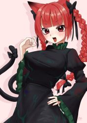 Rule 34 | 1girl, :d, animal ears, black bow, black dress, blunt bangs, blush, bow, braid, breasts, cat ears, cowboy shot, dress, drop shadow, fang, frills, hair bow, hair ribbon, hand on own hip, hand up, highres, juliet sleeves, kaenbyou rin, large breasts, leaning back, long hair, long sleeves, looking at viewer, open mouth, pink background, puffy sleeves, red eyes, red hair, ribbon, simple background, skin fang, smile, solo, tail, tail bow, tail ornament, tongue, touhou, tress ribbon, twin braids, twintails, uvula, v-shaped eyebrows, very long hair, wide sleeves, yomogi 0001, ||/