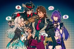 2boys 2girls ? acheron_(honkai:_star_rail) armor belt black_belt black_bridal_gauntlets black_choker black_gloves black_hair black_hairband black_hat black_jacket black_shirt black_shorts boothill_(honkai:_star_rail) breasts bridal_gauntlets brown_hair can choker cleavage closed_eyes coat collar collarbone collared_shirt commentary cowboy_hat criss-cross_halter crop_top cropped_jacket english_commentary facial_hair firefly_(honkai:_star_rail) frilled_collar frills gallagher_(honkai:_star_rail) gloves gradient_hair green_hair green_skirt grin hair_between_eyes hair_ornament hair_over_one_eye hairband halterneck hat hat_feather highres holding holding_can honkai:_star_rail honkai_(series) jacket large_breasts leg_tattoo long_hair looking_at_another mechanical_arms mechanical_hands multicolored_hair multiple_boys multiple_girls necktie oneirio open_clothes open_mouth open_vest pants pectorals pointing_with_thumb purple_eyes purple_hair red_eyes red_necktie red_pants shirt shorts shoulder_armor sidelocks skirt smile spoken_question_mark spoken_symbol standing streaked_hair sweatdrop tattoo triangle_mouth twitter_username two-tone_hair very_long_hair vest white_coat white_gloves white_hair white_shirt white_vest