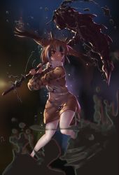 Rule 34 | 1girl, bird tail, brown coat, brown eyes, brown hair, coat, eurasian eagle owl (kemono friends), feathered wings, full body, fur collar, hammer, head wings, holding, holding weapon, kemono friends, long sleeves, looking at viewer, multicolored hair, pantyhose, serious, short hair, solo, spread wings, tadano magu, tail, weapon, white pantyhose, wings