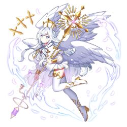Rule 34 | 1girl, blue eyes, boots, capelet, feathered wings, feathers, full body, highres, long hair, low wings, original, simple background, solo, swept bangs, thigh boots, very long hair, waka (wk4444), white capelet, white footwear, white hair, white wings, wings