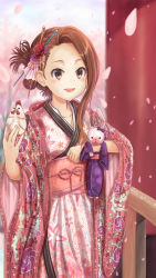 Rule 34 | 1girl, alternate hairstyle, arigato (rmskrtkdlqj), bad id, bad pixiv id, bird, braid, brown eyes, brown hair, cherry blossoms, chicken, chinese zodiac, commentary, flower, hair bun, hair flower, hair ornament, highres, idolmaster, idolmaster (classic), japanese clothes, kimono, long sleeves, matching hair/eyes, minase iori, open mouth, petals, single hair bun, solo, stuffed animal, stuffed rabbit, stuffed toy, wide sleeves, year of the rooster