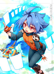 Rule 34 | 10s, 1boy, bad id, bad pixiv id, blue hair, character name, fingerless gloves, from above, future card buddyfight, gloves, male focus, open mouth, red eyes, ryuuenji tasuku, short hair, solo, tobi (one)