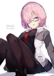 Rule 34 | 1girl, absurdres, black-framed eyewear, blush, character name, fate/grand order, fate (series), glasses, hair over one eye, highres, jacket, long sleeves, looking at viewer, mash kyrielight, necktie, open clothes, open jacket, pantyhose, pink hair, purple eyes, red necktie, same (sendai623), shadow, short hair, sitting, solo, white background