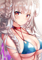 Rule 34 | 1girl, azur lane, bikini, blue bikini, blush, braid, breasts, choker, cleavage, collarbone, double bun, eric (pixiv9123557), formidable (azur lane), formidable (the lady of the beach) (azur lane), hair bun, highres, large breasts, long hair, looking at viewer, official alternate costume, red eyes, ribbon, sidelocks, simple background, solo, swimsuit, twin braids, upper body