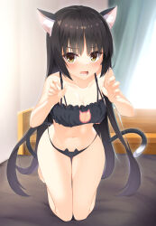 Rule 34 | 1girl, animal ear fluff, animal ears, animal print, aria (koiiroharemoyou), bare arms, bare shoulders, black bra, black hair, black panties, black tail, bloom, blush, bra, breasts, cafe stella to shinigami no chou, cat cutout, cat ears, cat lingerie, cat panties, cat print, cat tail, cleavage, clothing cutout, collarbone, commentary, curvy, embarrassed, eyes visible through hair, fang, fingernails, frilled bra, frills, full body, hair between eyes, hair down, hands up, highres, indoors, kneeling, legs, long hair, looking at viewer, lower teeth only, medium breasts, meme attire, midriff, mole, mole under eye, navel, on bed, open mouth, panties, paw pose, print panties, shiki natsume, sidelocks, solo, stomach, straight hair, tail, teeth, thighs, underwear, underwear only, v-shaped eyebrows, very long hair, yellow eyes, yuzu-soft