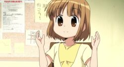 Rule 34 | !, 1girl, animated, animated gif, blush, brown eyes, brown hair, chair, clapping, closed mouth, corkboard, dot nose, indoors, japanese text, kanamemo, medium hair, nakamachi kana, open mouth, own hands clasped, own hands together, paper, short sleeves, sitting, solo, talking, tic-tac-toe