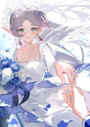 Rule 34 | 1girl, 1other, absurdres, blue flower, bouquet, bridal veil, bride, commentary request, cowboy shot, dress, drop earrings, earrings, fa yu fa zhi lang, flower, frieren, green eyes, grey hair, highres, jewelry, long hair, long sleeves, looking at viewer, marriage proposal, out of frame, parted bangs, parted lips, pointy ears, pov, ring, sousou no frieren, veil, very long hair, white dress, white flower