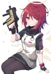 Rule 34 | 1girl, arknights, black gloves, breasts, closed mouth, commentary request, detached wings, exusiai (arknights), feet out of frame, female focus, fingerless gloves, gloves, gun, hair between eyes, hair over one eye, halo, highres, holding, holding gun, holding weapon, id card, jacket, kriss vector, long sleeves, looking at viewer, matchadzuke, medium breasts, partial commentary, red eyes, red hair, short hair, simple background, sitting, smile, solo, submachine gun, weapon, white background, white jacket, wings