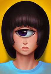 Rule 34 | 10s, 1girl, blue shirt, bob cut, brown hair, close-up, cyclops, eyelashes, gradient background, highres, kenneth tham rui yong, lips, looking to the side, manako, monster girl, monster musume no iru nichijou, one-eyed, portrait, purple eyes, shirt, solo, yellow background