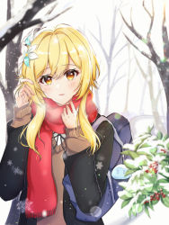 Rule 34 | 1girl, adjusting scarf, alternate costume, bag, bag charm, bare tree, black jacket, blazer, blonde hair, blush, breath, cardigan, charm (object), cocoa 11vv, fireflies, flower, genshin impact, hair between eyes, hair flower, hair ornament, jacket, long sleeves, looking at viewer, lumine (genshin impact), open clothes, open jacket, outdoors, parted lips, playing with own hair, red scarf, scarf, school bag, school uniform, short hair with long locks, slime (genshin impact), snow, snowflakes, snowing, solo, tree, upper body, white flower, winter, yellow eyes