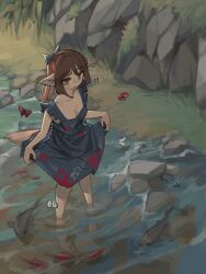 Rule 34 | 1girl, absurdres, alternate costume, animal ears, arknights, bare shoulders, barefoot, blue dress, book, breasts, brown hair, bug, butterfly, collarbone, commentary, dragonfly, dress, english commentary, fish, full body, grass, highres, insect, leaf print, medium breasts, medium hair, open mouth, outdoors, perfumer (arknights), pinafore dress, print dress, red butterfly, sleeveless, sleeveless dress, solo, togekk0, wading, water, white butterfly