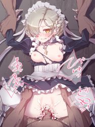 Rule 34 | 1girl, 2boys, angry, arm grab, armpits, arms up, assisted rape, azur lane, blonde hair, blood, blush, braid, breasts, breasts apart, breasts out, censored, clenched teeth, clothed female nude male, collar, cross, crying, crying with eyes open, cum, cum in pussy, defloration, dot nose, dress, empty eyes, frills, from above, gyuunyuukeepaa, hair over one eye, half-closed eyes, headdress, headwear request, hetero, holding another&#039;s wrist, jewelry, looking at viewer, lying, maid, mosaic censoring, multiple boys, necklace, nipples, nude, on back, cum overflow, penis, pov, pov hands, pussy, rape, restrained, sex, sheffield (azur lane), short hair, small breasts, solo focus, spread legs, tears, teeth, torn clothes, torn dress, torso grab, vaginal, yellow eyes